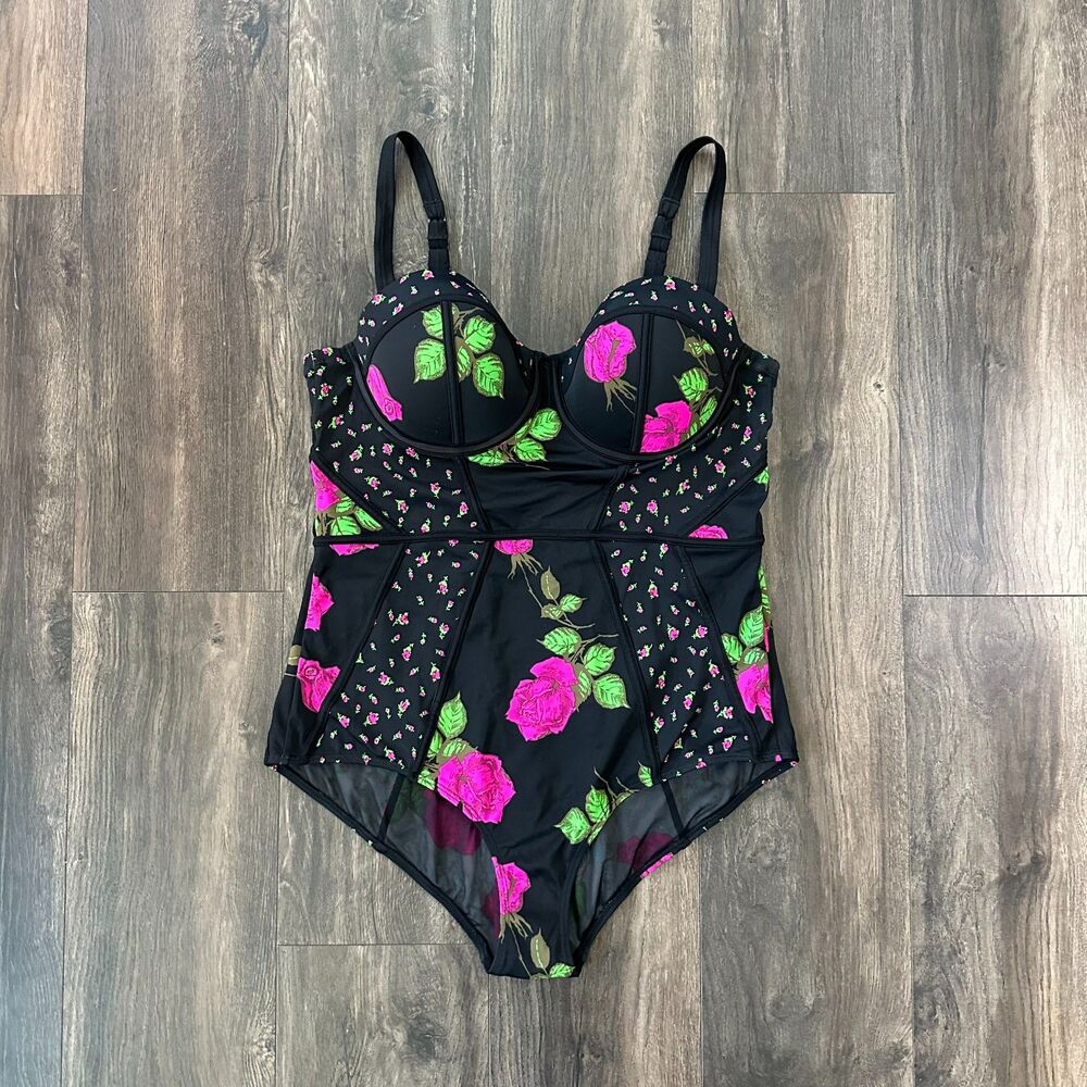 Betsy Johnson Torrid One-Piece Swimsuit Underwire Bustier Rose Black Sze 1 XL/1X